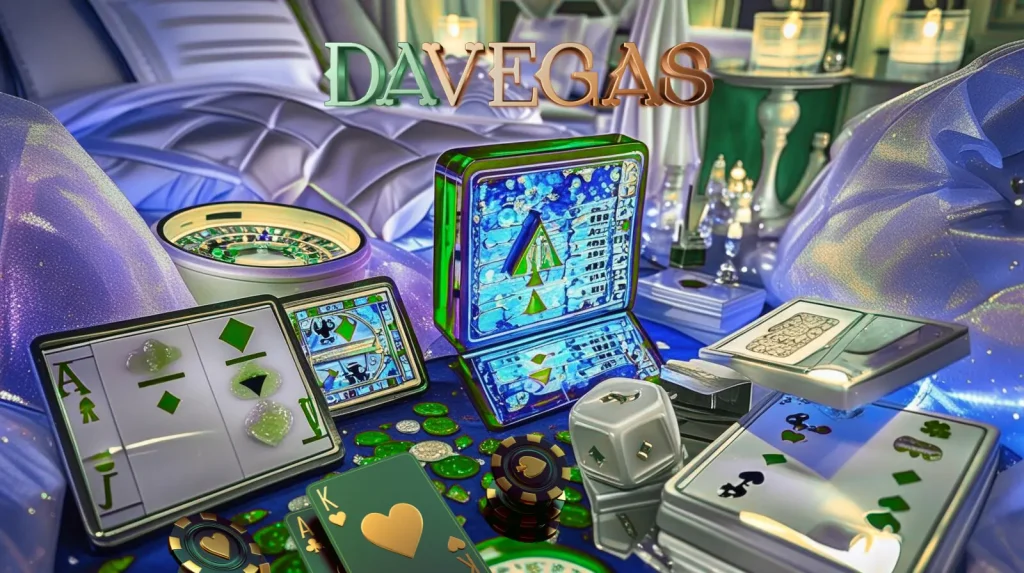 DaVegas casino oyunları rulet iskambil kartları çipler ve slot makineleri ile Las Vegas temalı kapak görseli