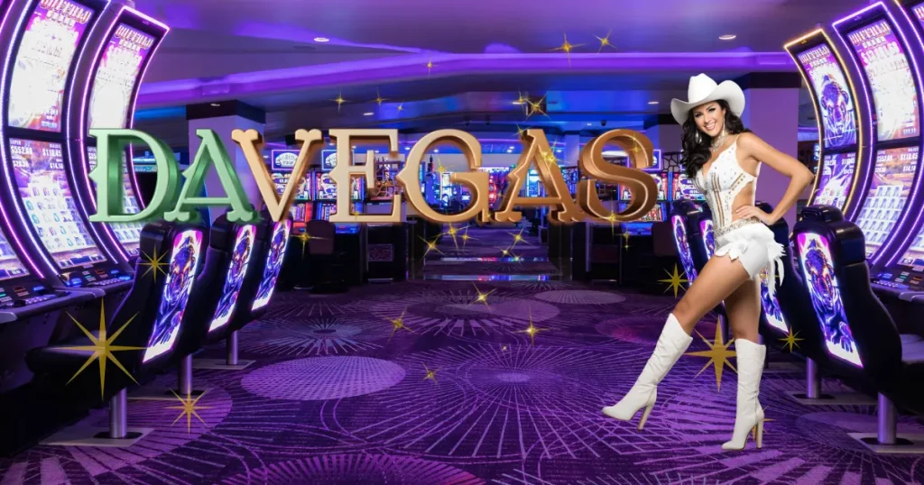Las Vegas temalı neon ışıklı casino ortamında slot makineleri ve sahne kostümlü kadın figürüyle DaVegas Casino tanıtımı.