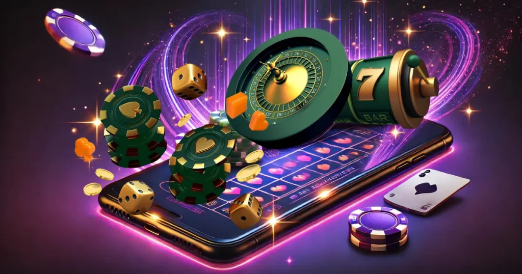 Akıllı telefon ekranında casino oyunları, rulet, slot makinesi, zarlar ve çiplerle DaVegas mobil uygulama teması.