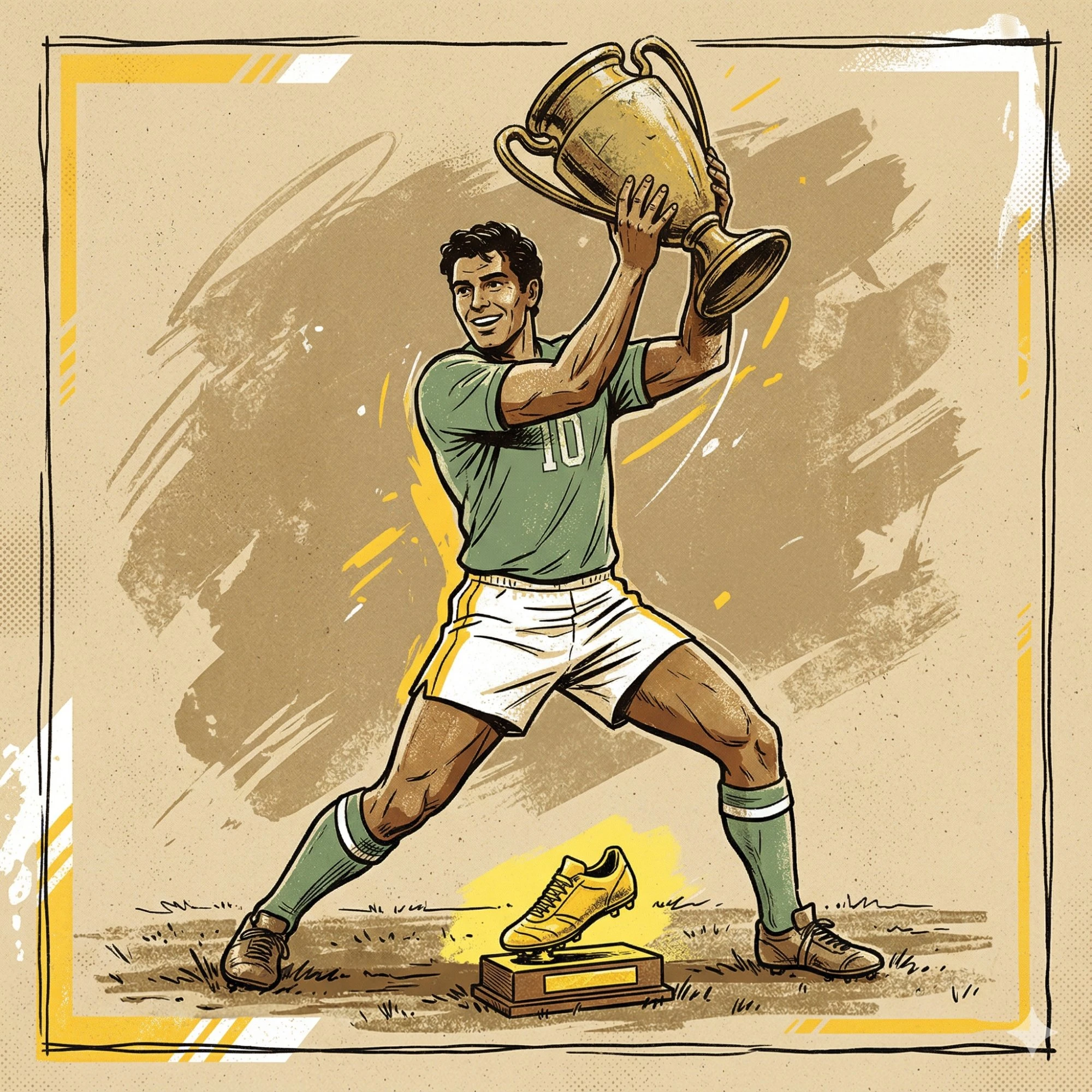 Dünya Kupası gol krallığı ve şampiyonluk kupası kaldıran futbolcu illüstrasyonu