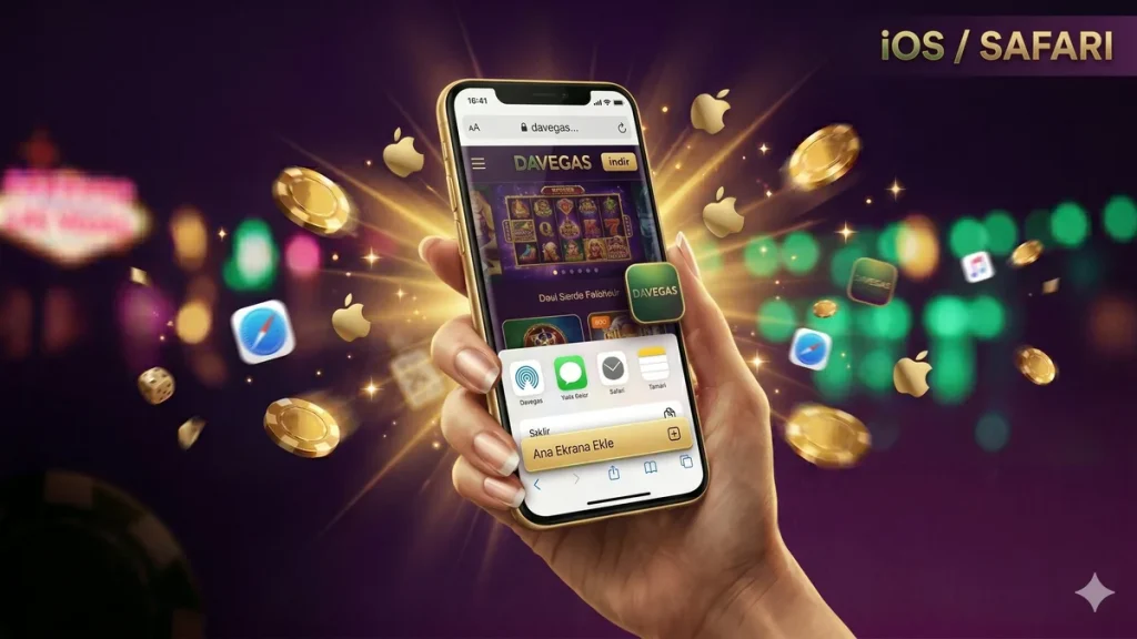 DaVegas iOS Safari kurulumu: iPhone ekranında ana ekrana ekle seçeneği ve DaVegas kısayolu