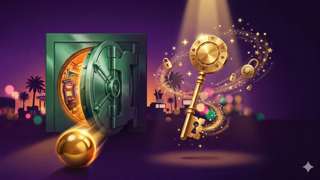 DaVegas üyelik adımları: altın anahtar ve açılan vault kapısı, Vegas'a güvenli giriş