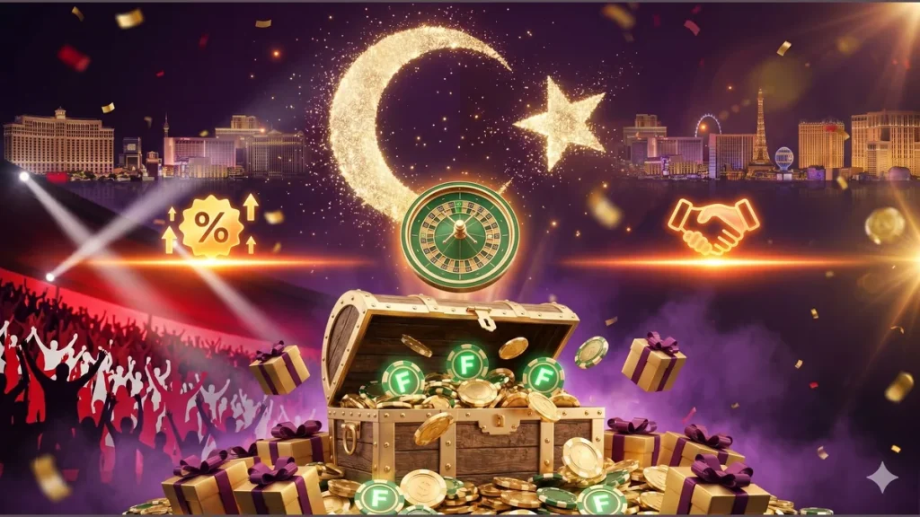 DaVegas kampanyaları için Vegas siluetli ay-yıldız temalı altın hazine sandığı görseli