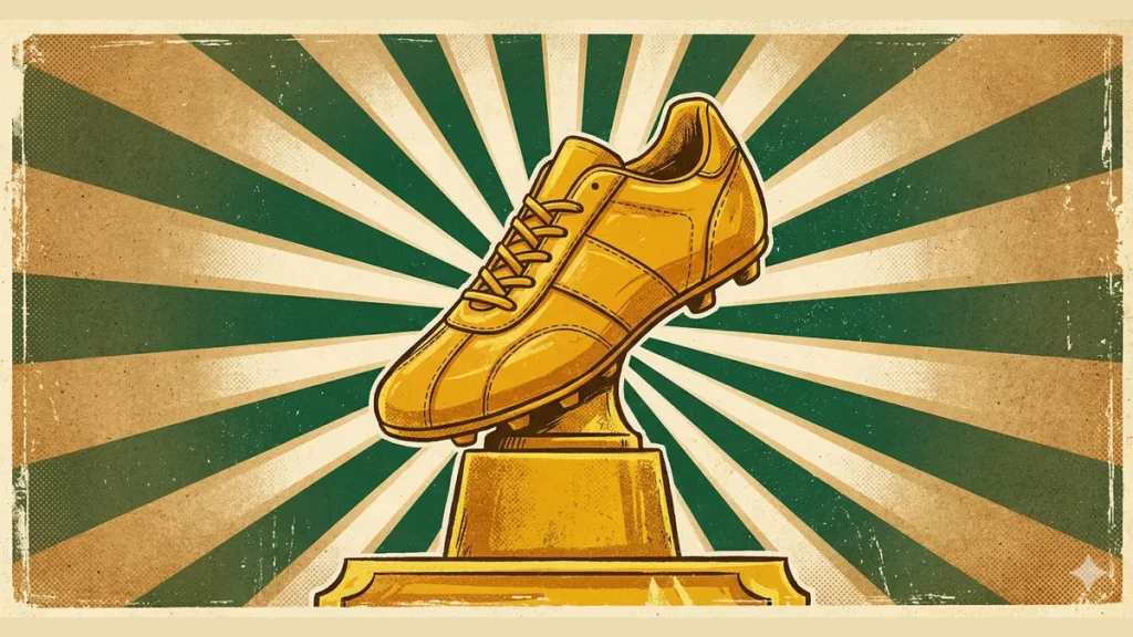 Dünya Kupası gol krallığı ödülü olan altın krampon retro yeşil arka plan üzerinde