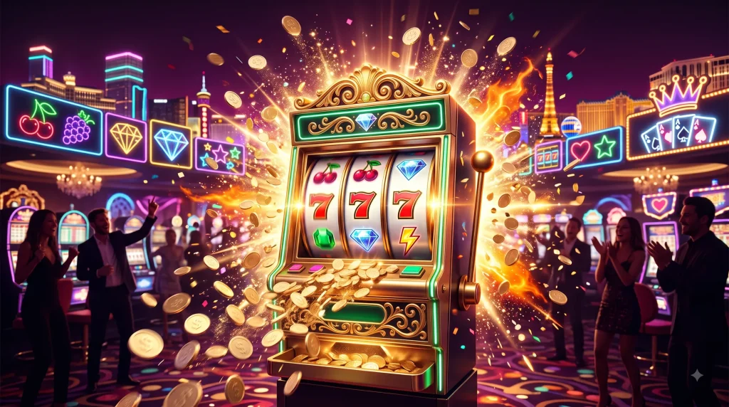 Free spin veren siteler temalı DaVegas kampanyası: altın slot makinesi, Vegas neon ışıkları ve dökülen paralar